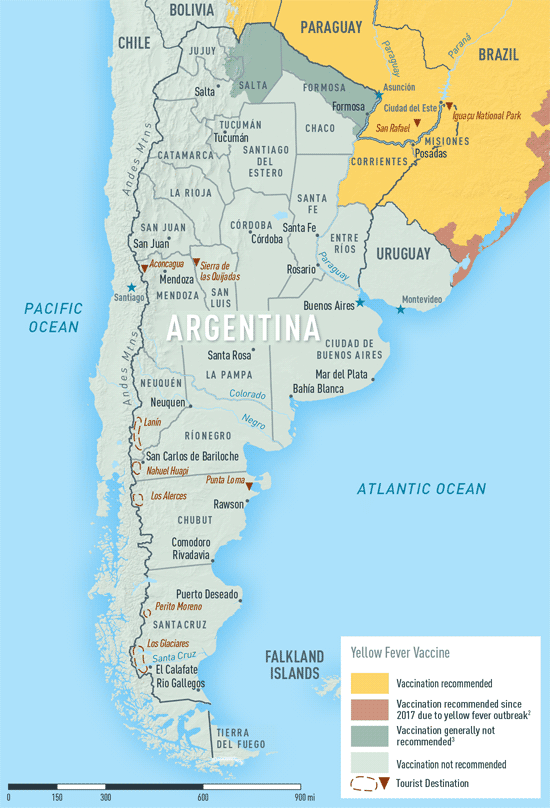Map 3-16. Yellow fever vaccine recommendations in Argentina