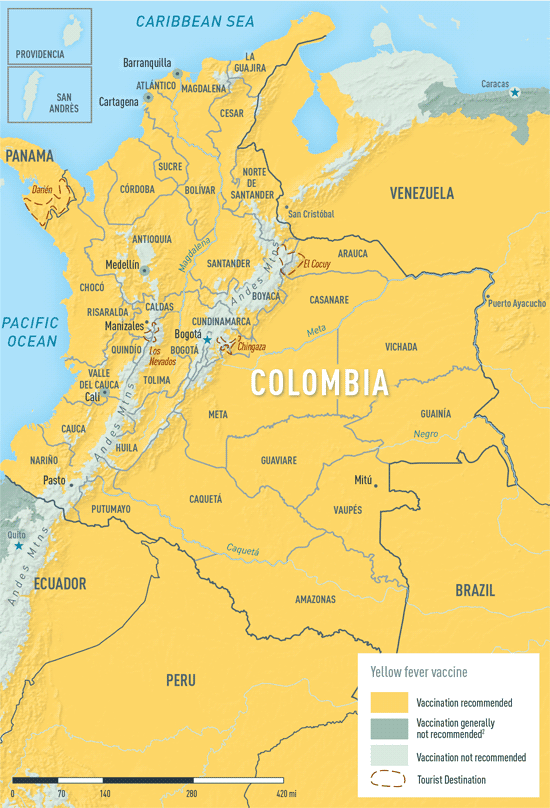 Map 3-23. Yellow fever vaccine recommendations in Colombia