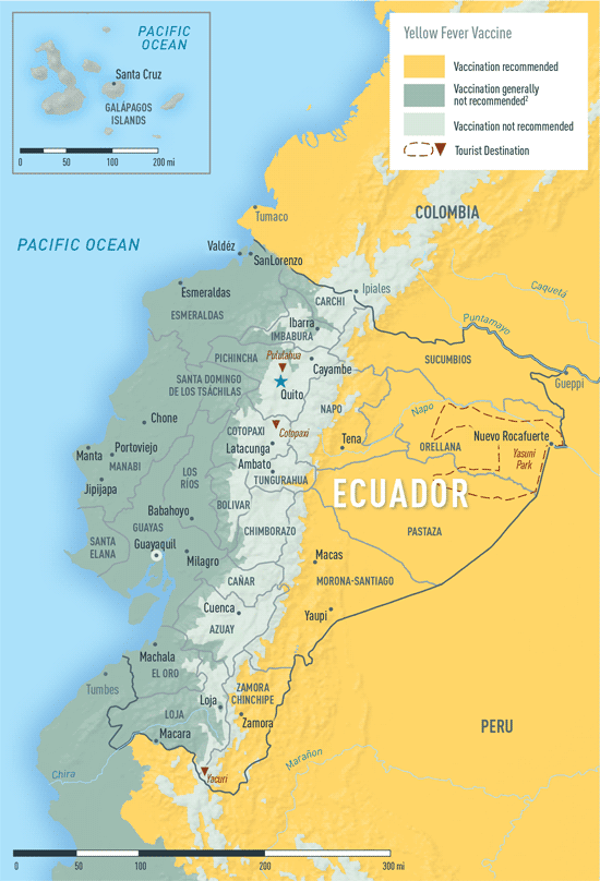 Map 3-25. Yellow fever vaccine recommendations in Ecuador