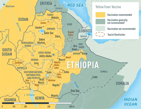 Map 3-27. Yellow fever vaccine recommendations in Ethiopia