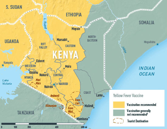 Map 3-30. Yellow fever vaccine recommendations in Kenya