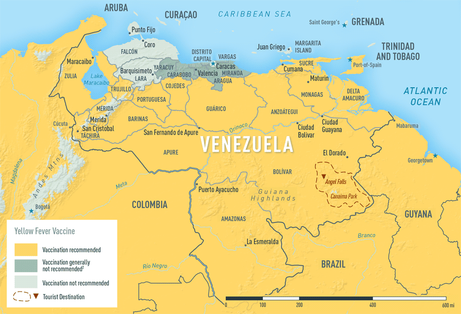 Map 3-39. Yellow fever vaccine recommendations in Venezuela