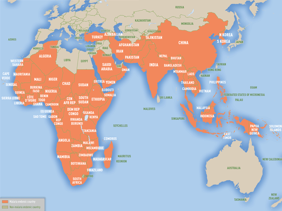 Map 3-10. Malaria-endemic countries in the eastern hemisphere